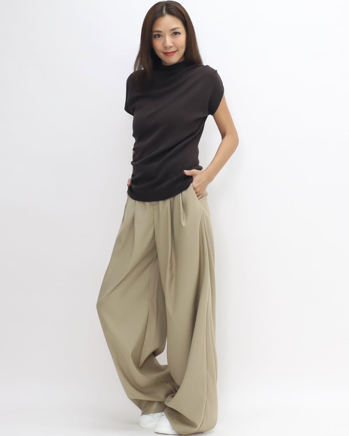 brown ruched high neck soft knitted top