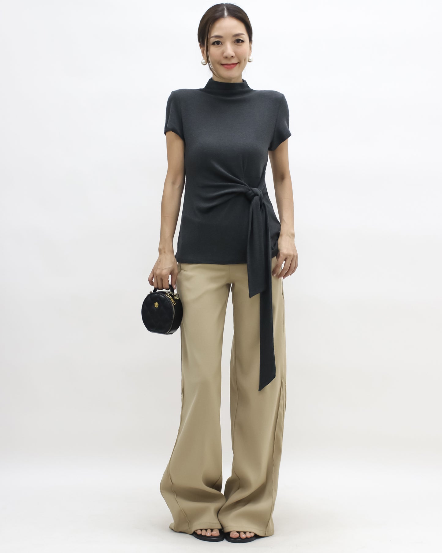 grey wrap front belt high neck knitted top
