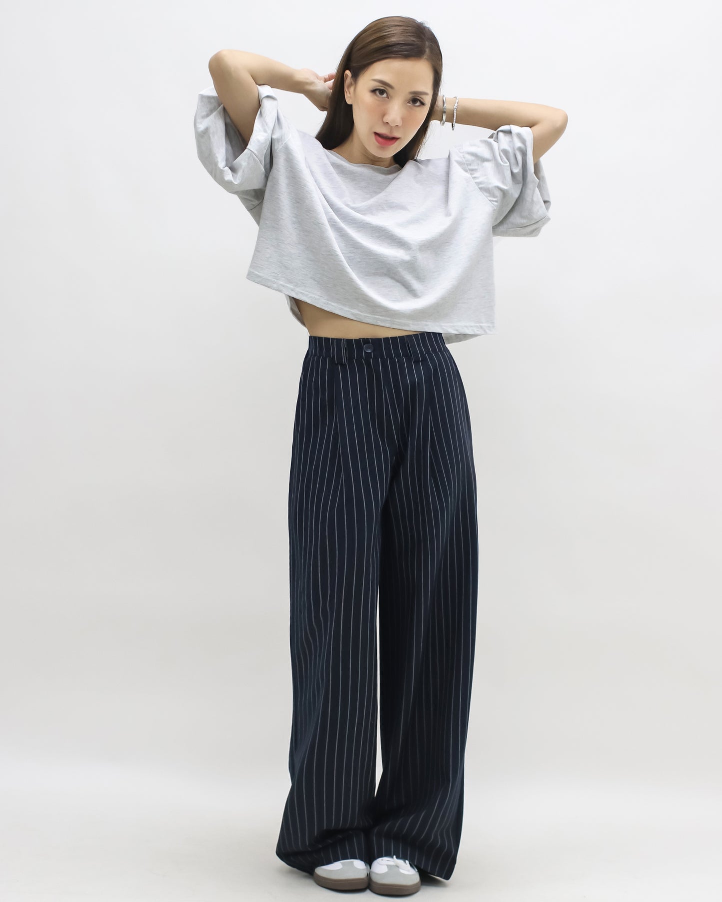 navy & ivory stripes straight leg pants