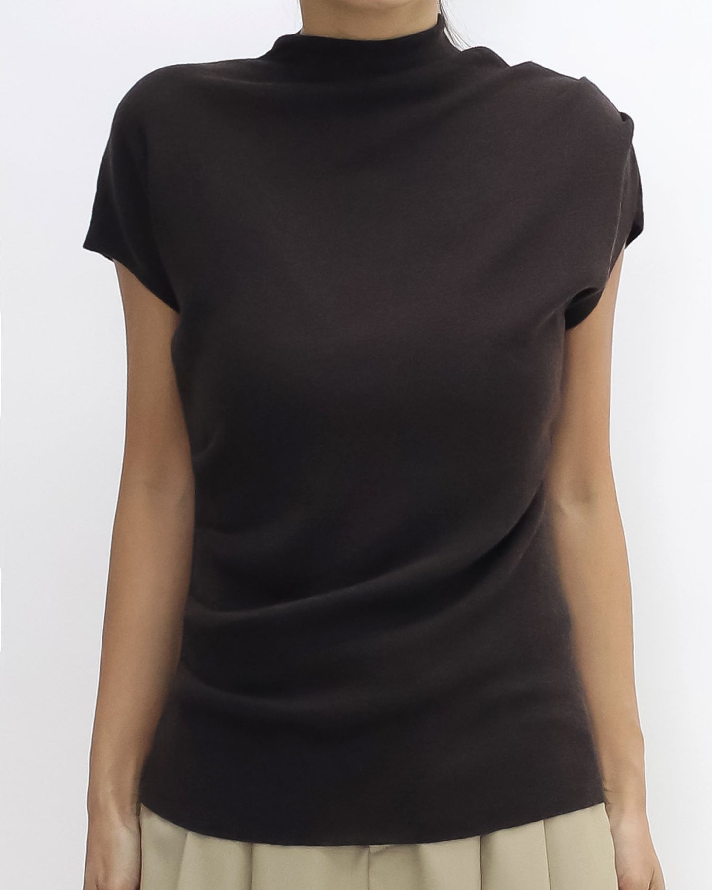 brown ruched high neck soft knitted top