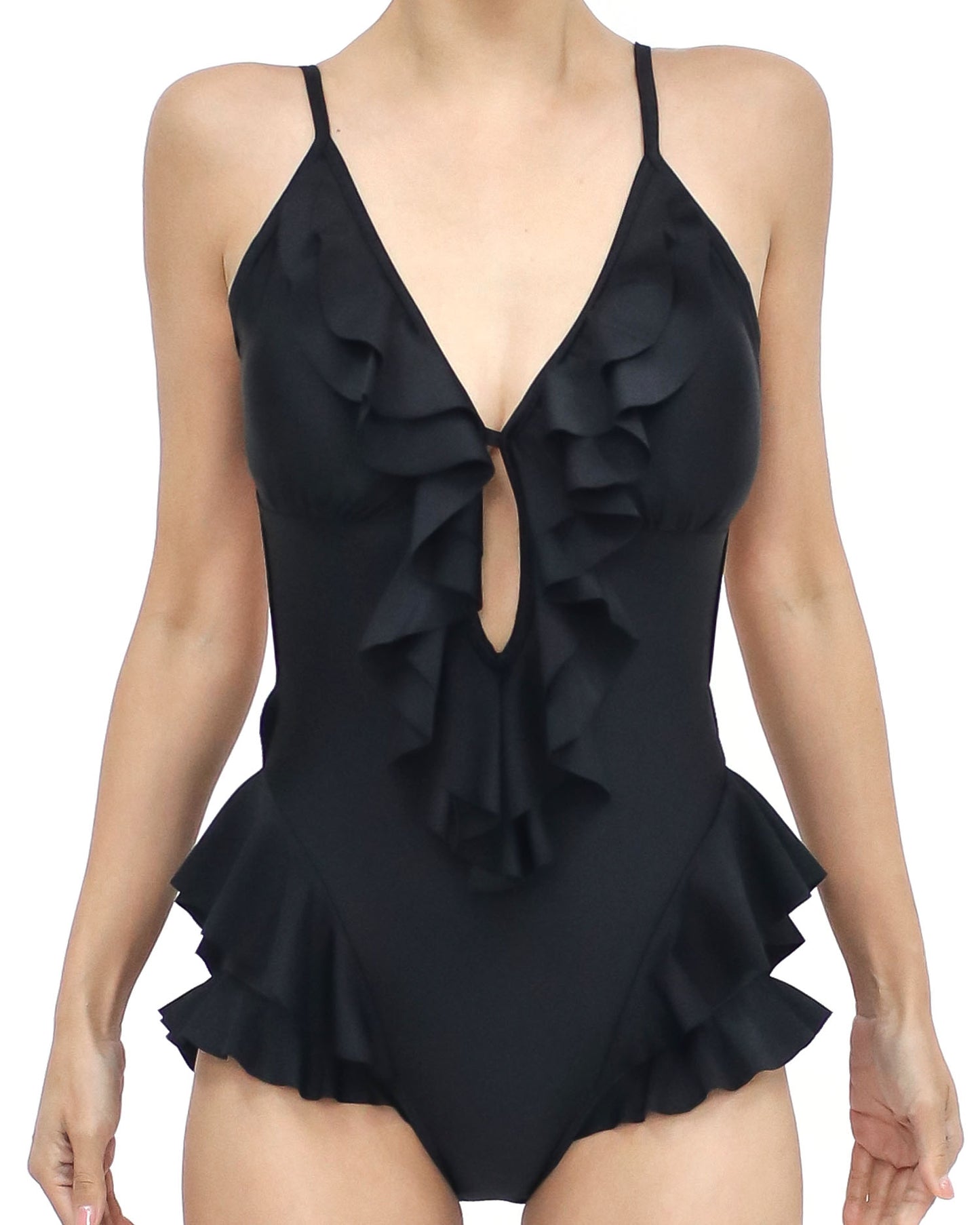 black ruffles plunge one-piece swimwear *pre-order*