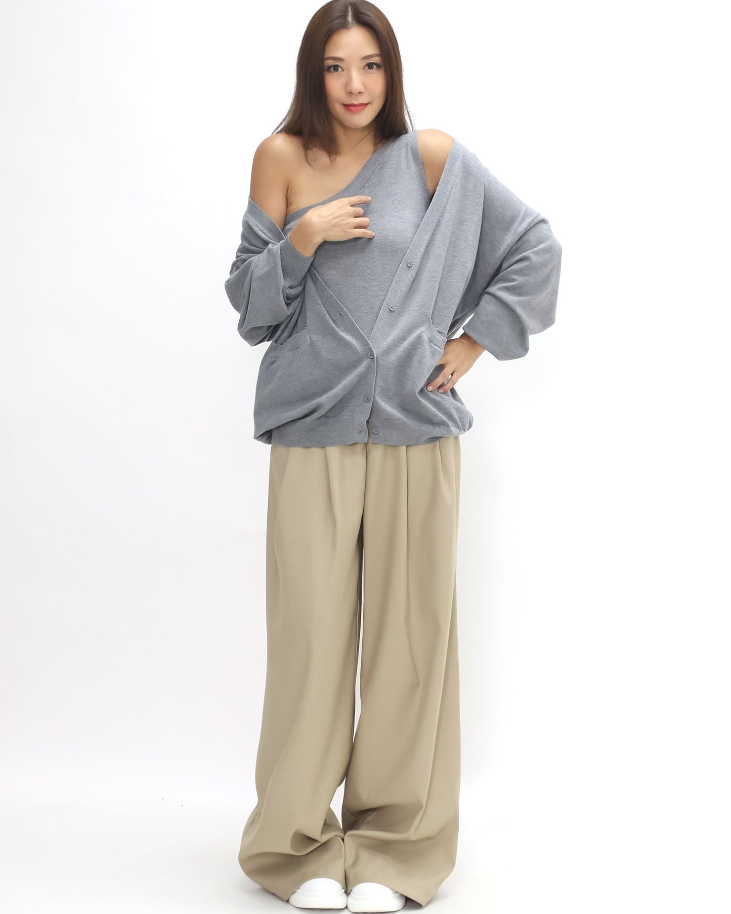 grey one shoulder knitted vest w/ cardigan set
