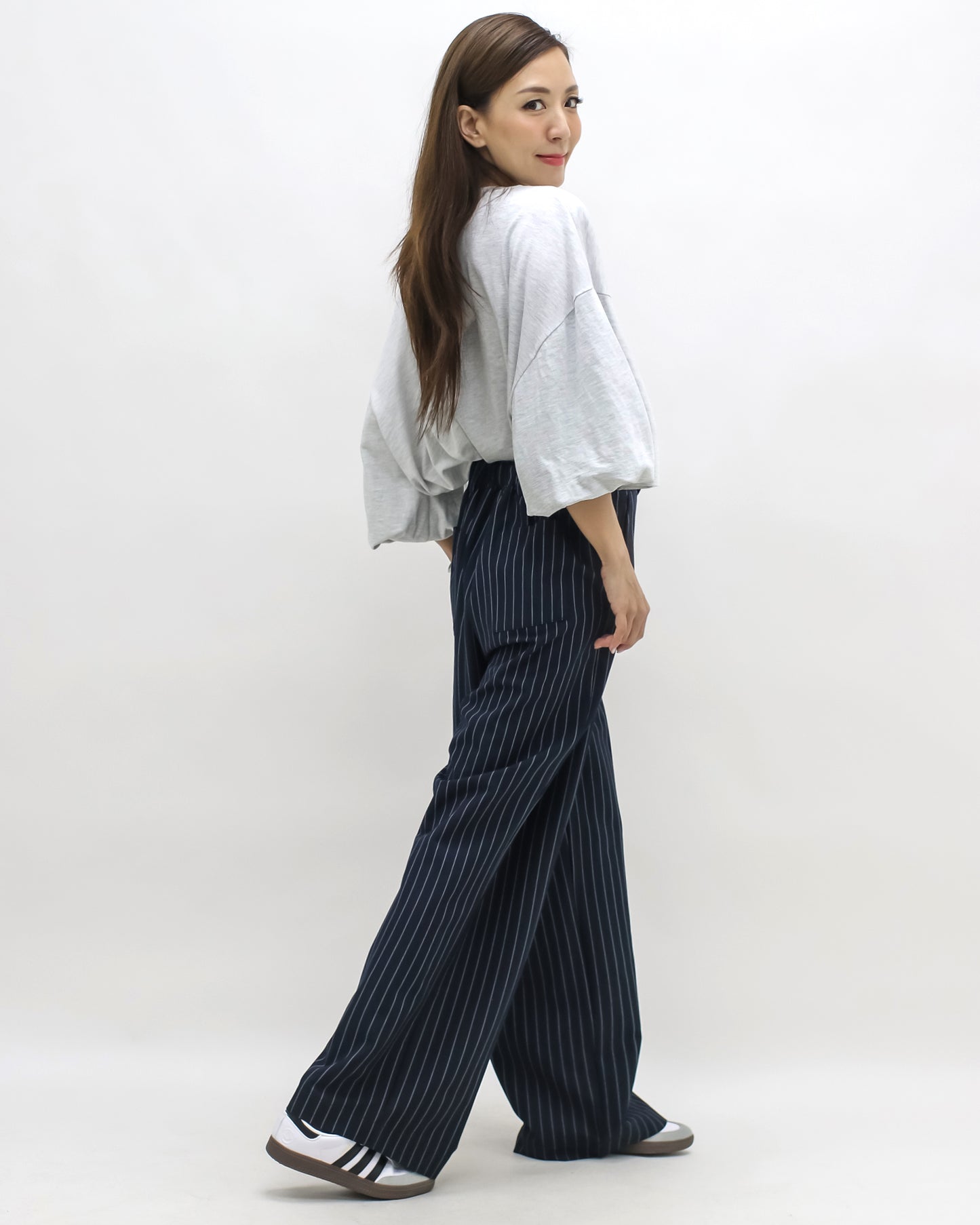 navy & ivory stripes straight leg pants