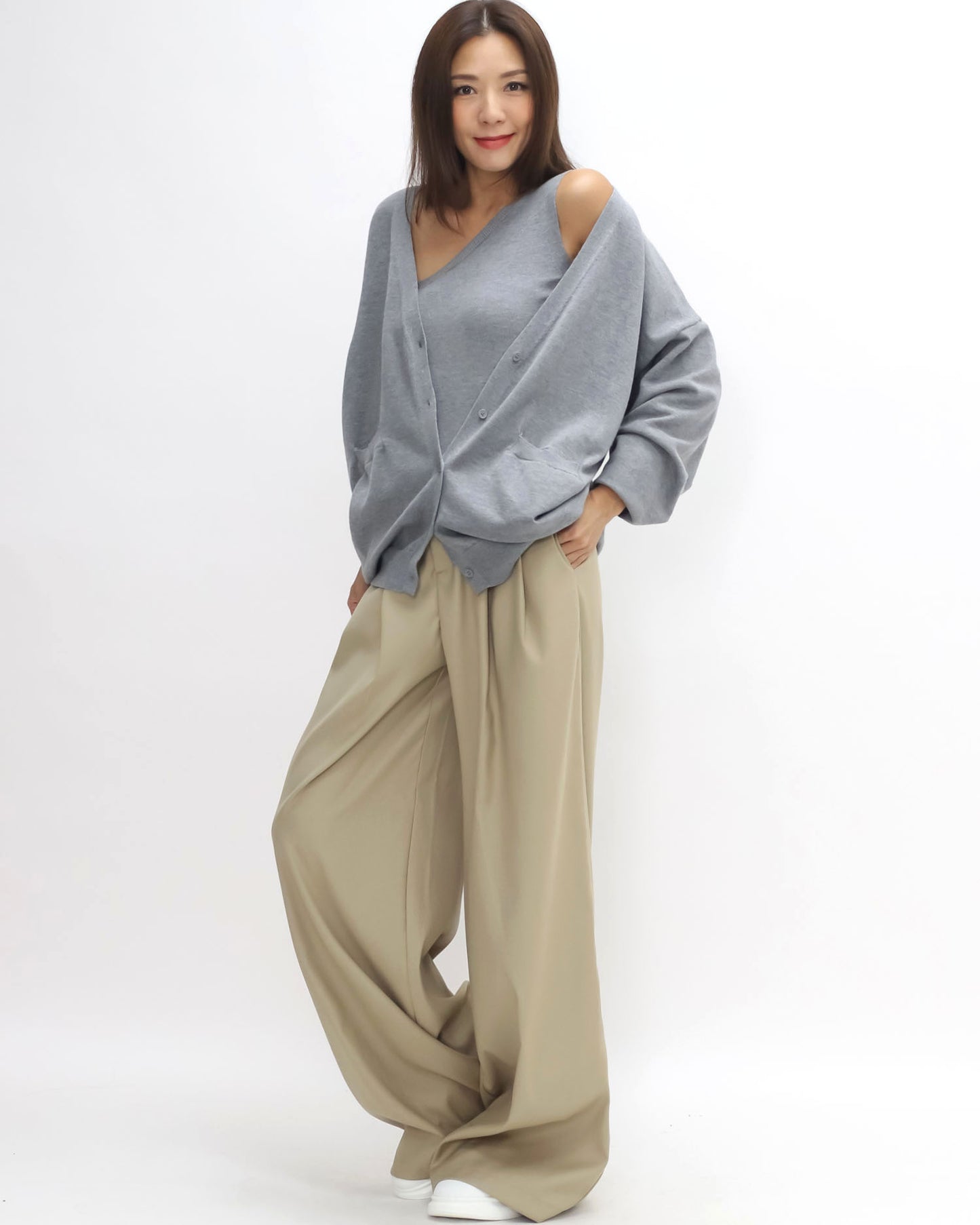 grey one shoulder knitted vest w/ cardigan set