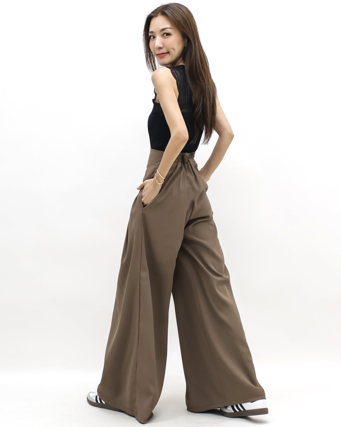 brown pleats front wide legs pants