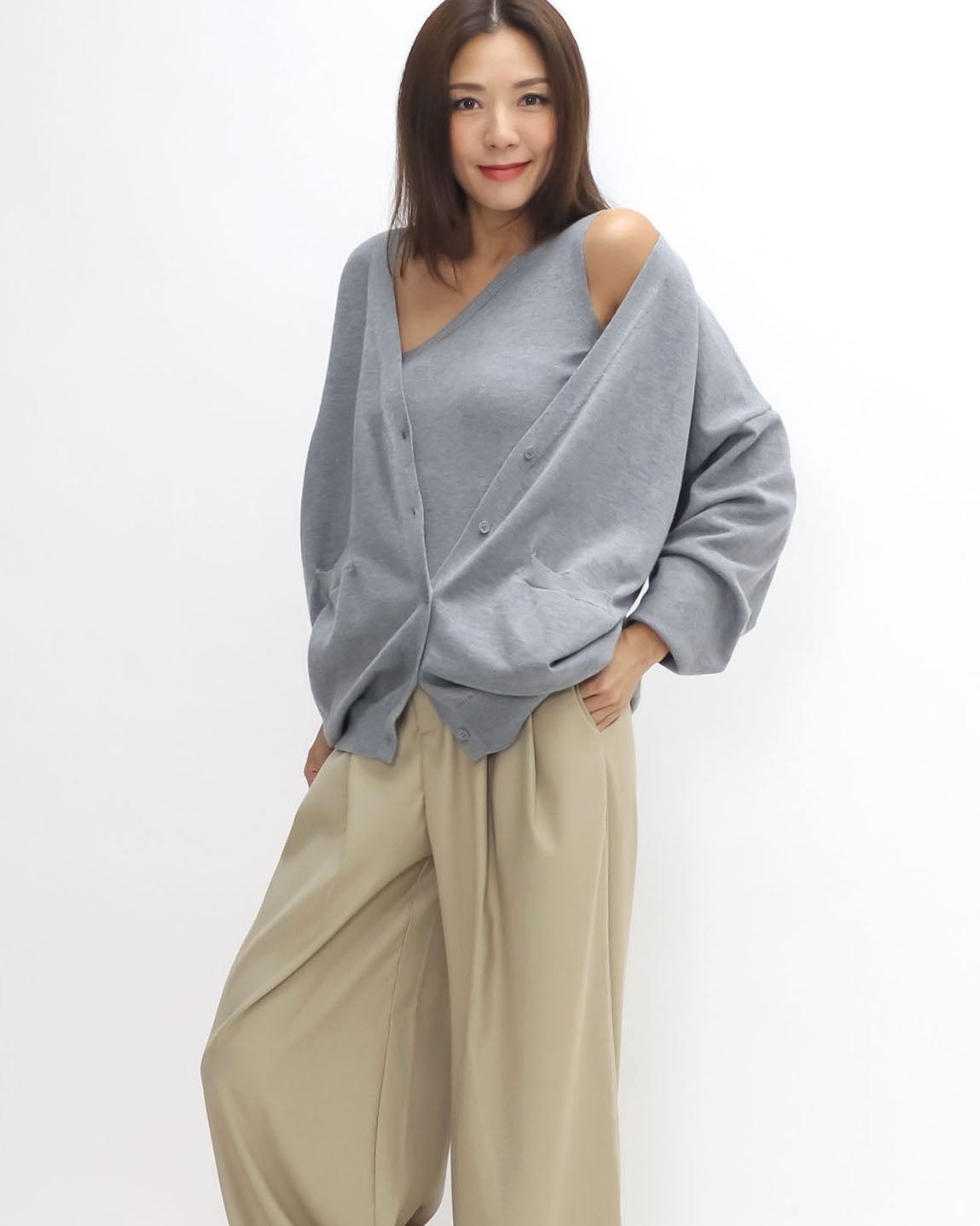 grey one shoulder knitted vest w/ cardigan set