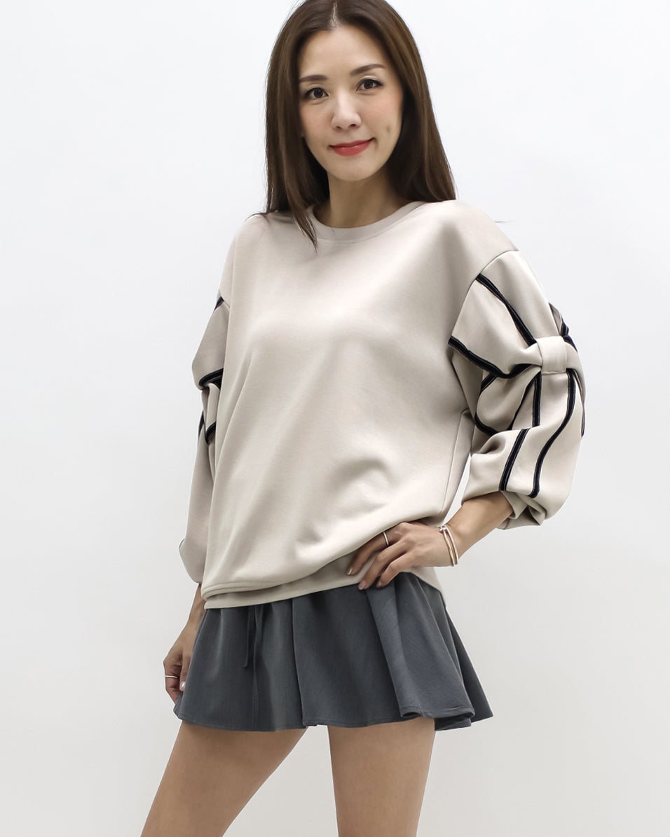 beige bows sleeve soft neoprene sweatshirt