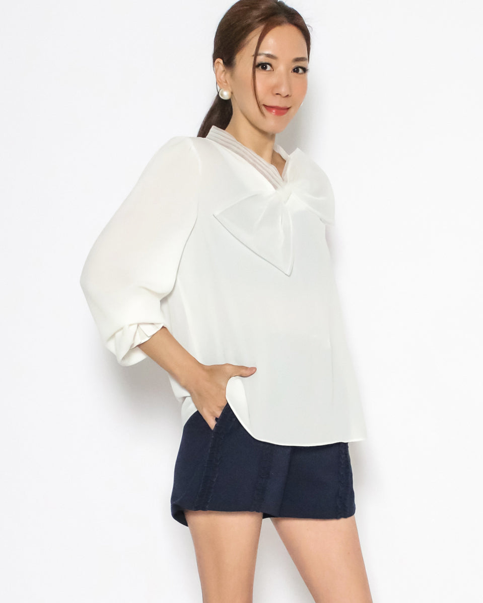 ivory mesh bow front chiffon shirt
