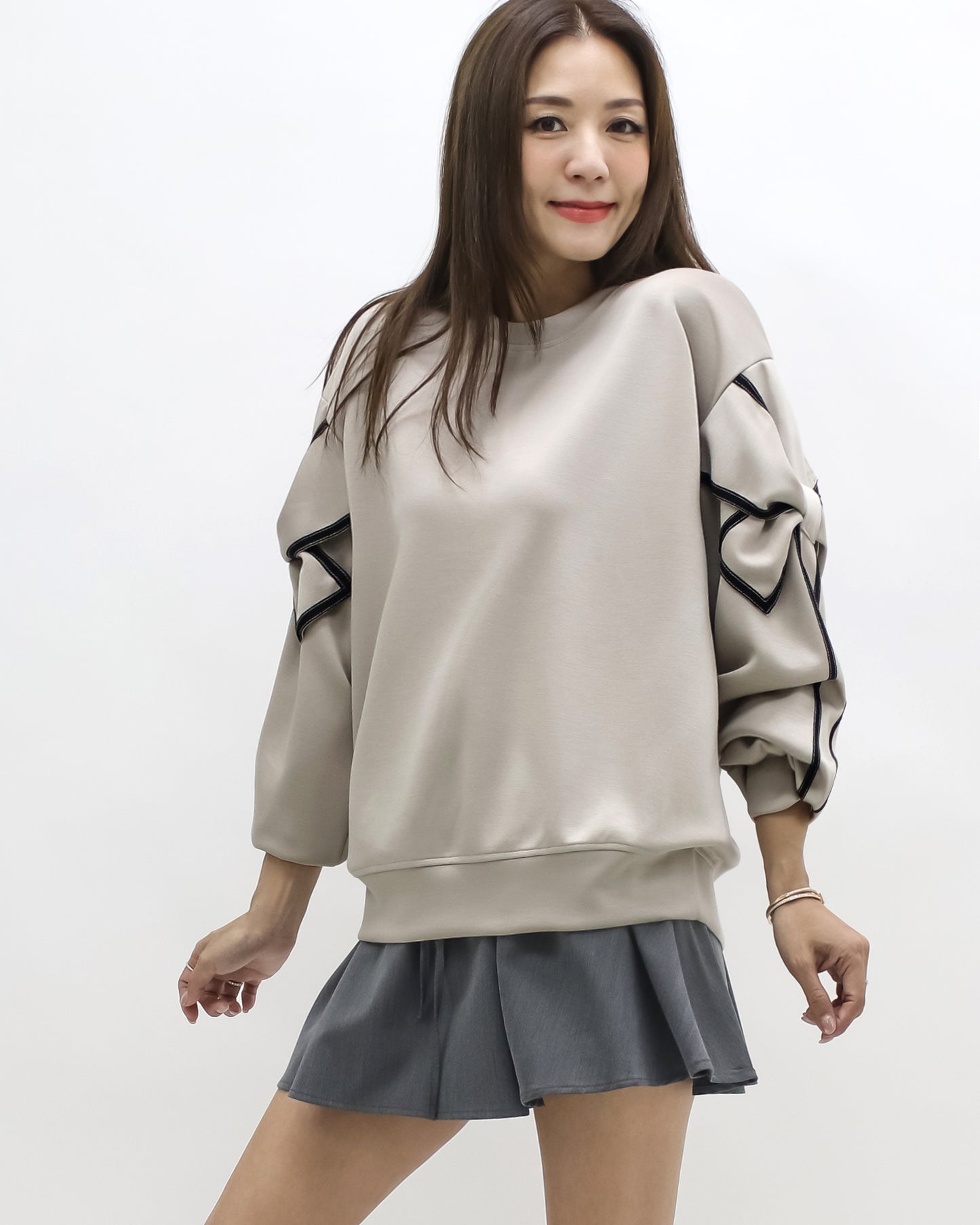 beige bows sleeve soft neoprene sweatshirt