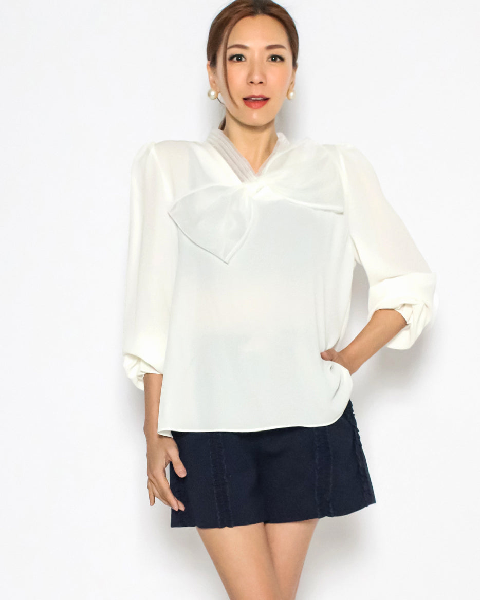 ivory mesh bow front chiffon shirt