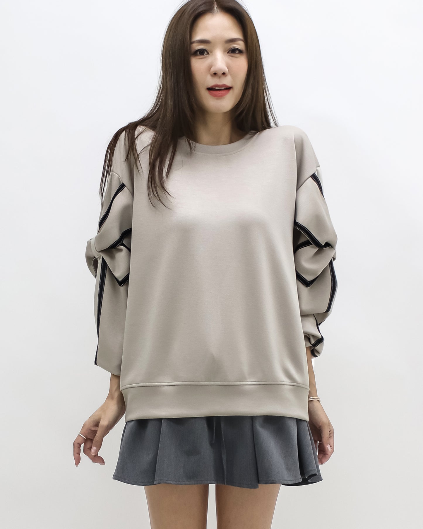beige bows sleeve soft neoprene sweatshirt