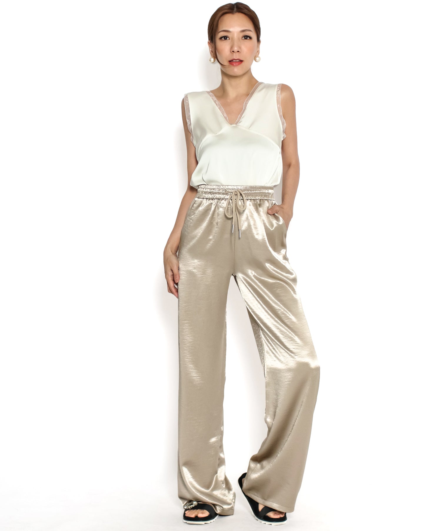 beige shiny straight leg pants *pre-order*