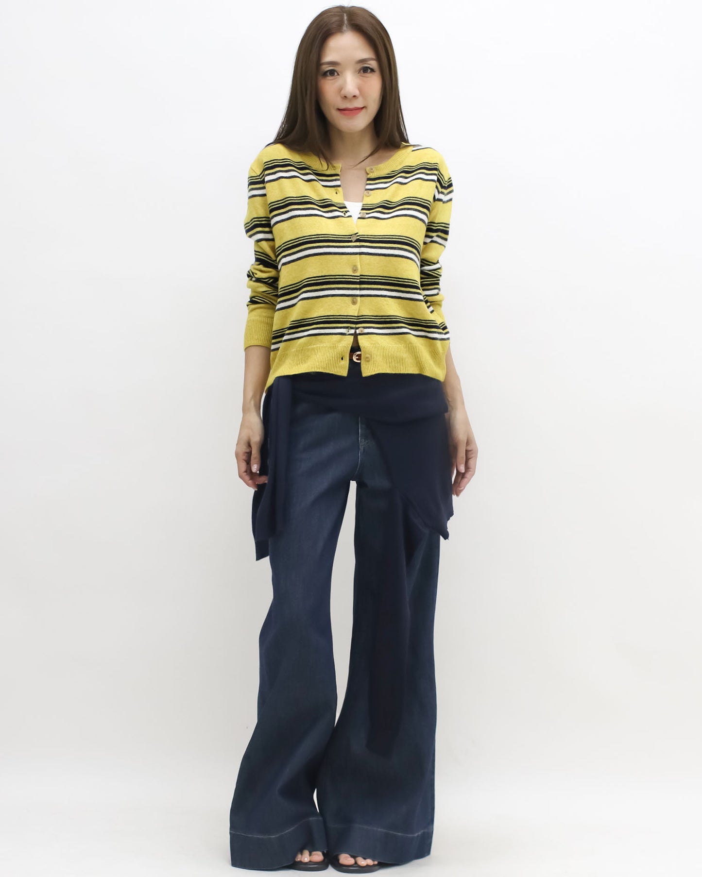 yellow w/ black & ivory stripes knitted cardigan