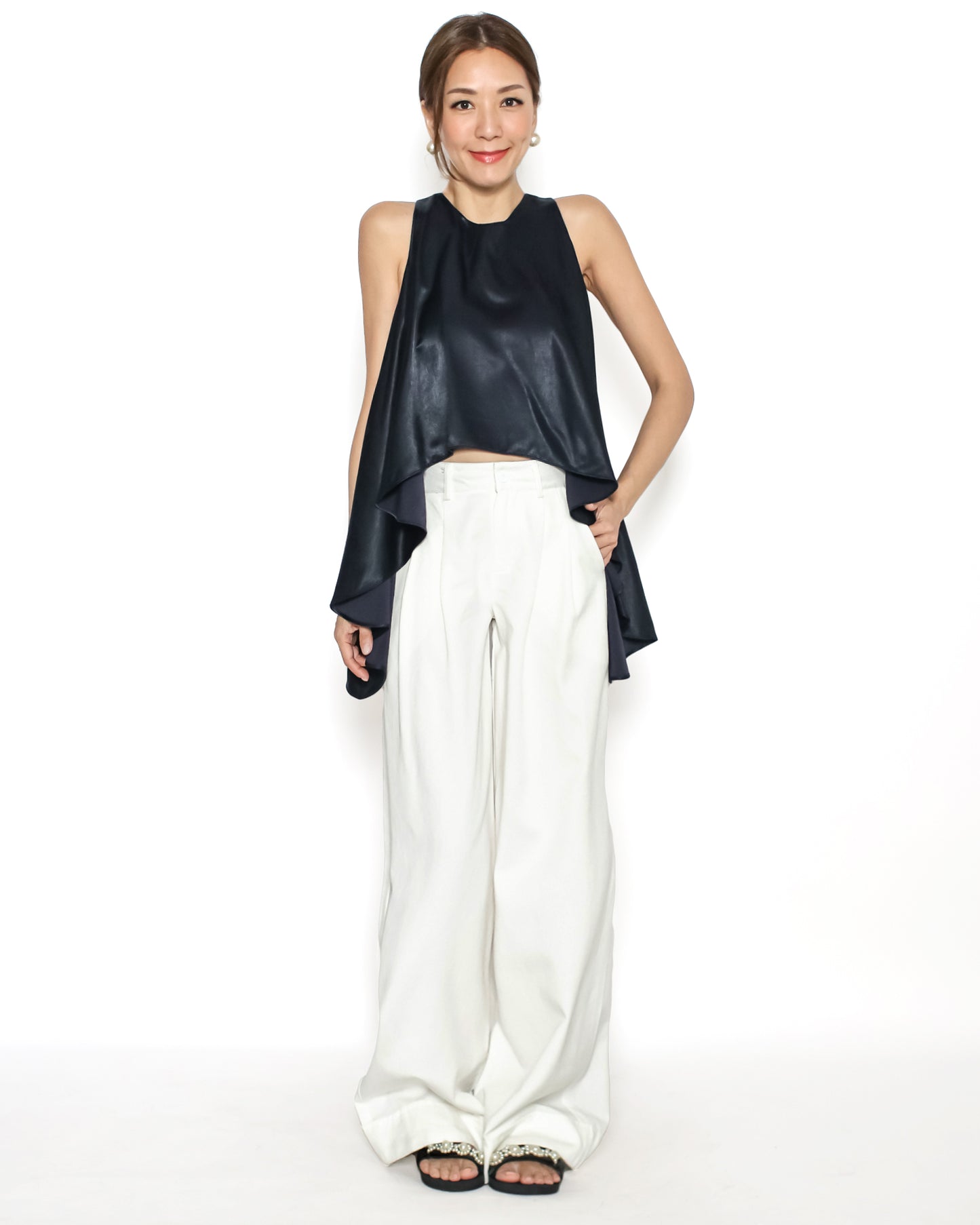 navy satin asymmetric hem vest