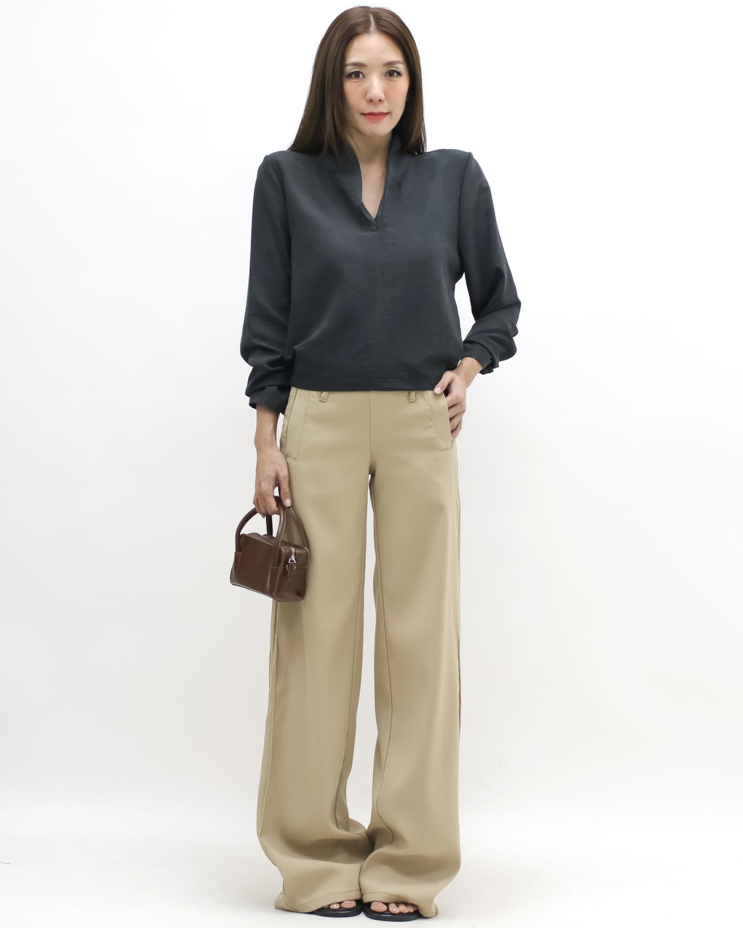 charcoal grey V neck top