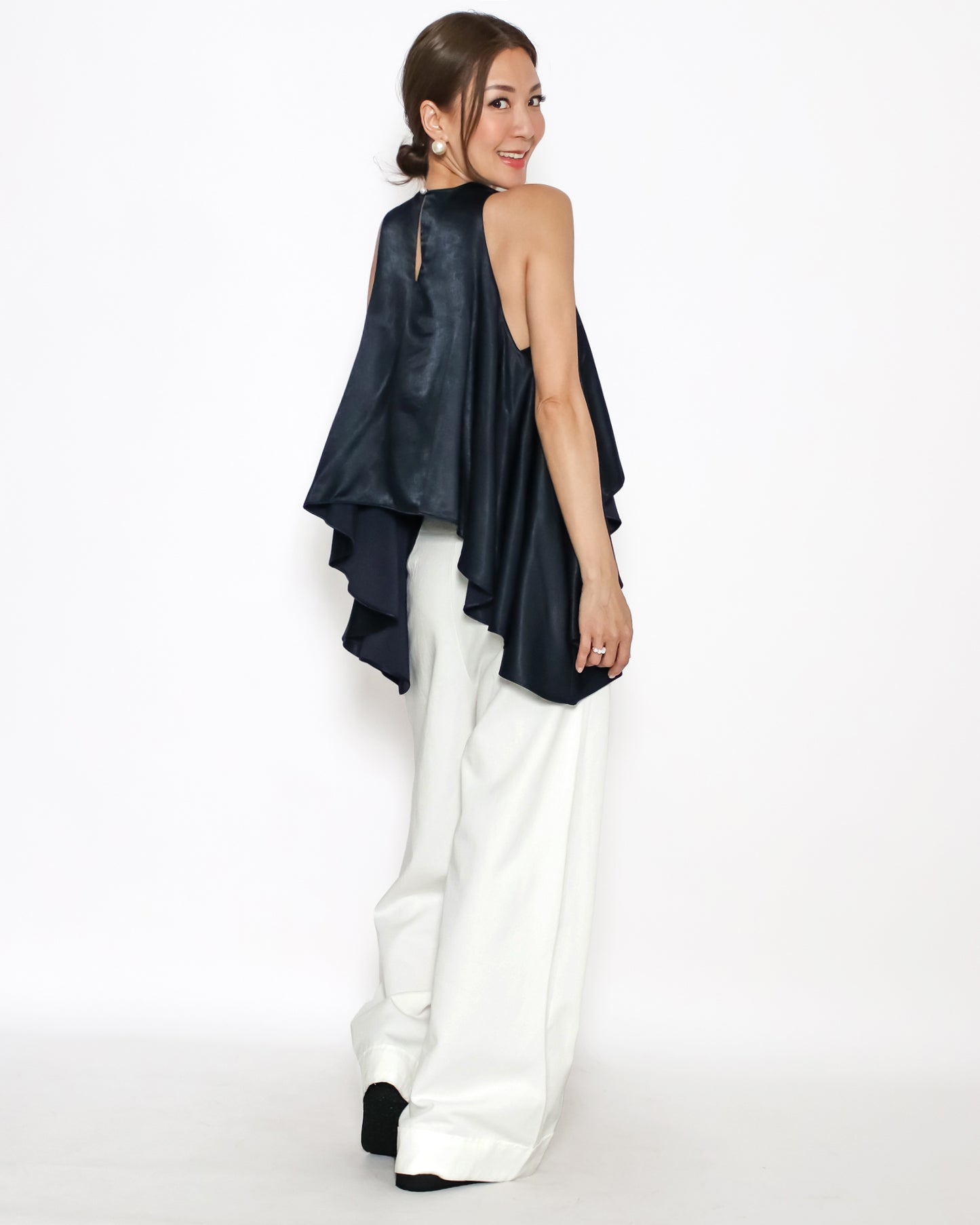 navy satin asymmetric hem vest