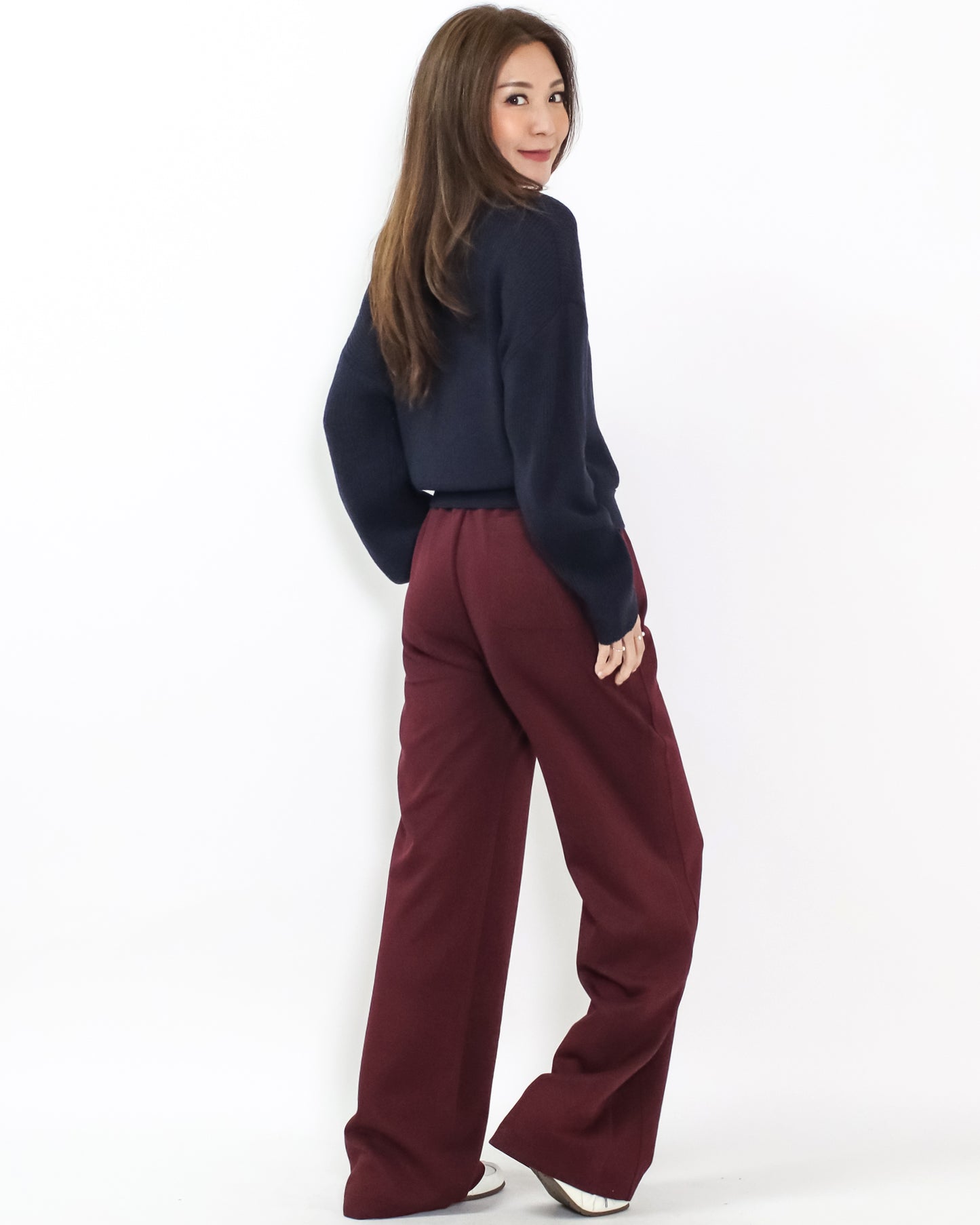burgundy soft neoprene straight leg pants *pre-order*