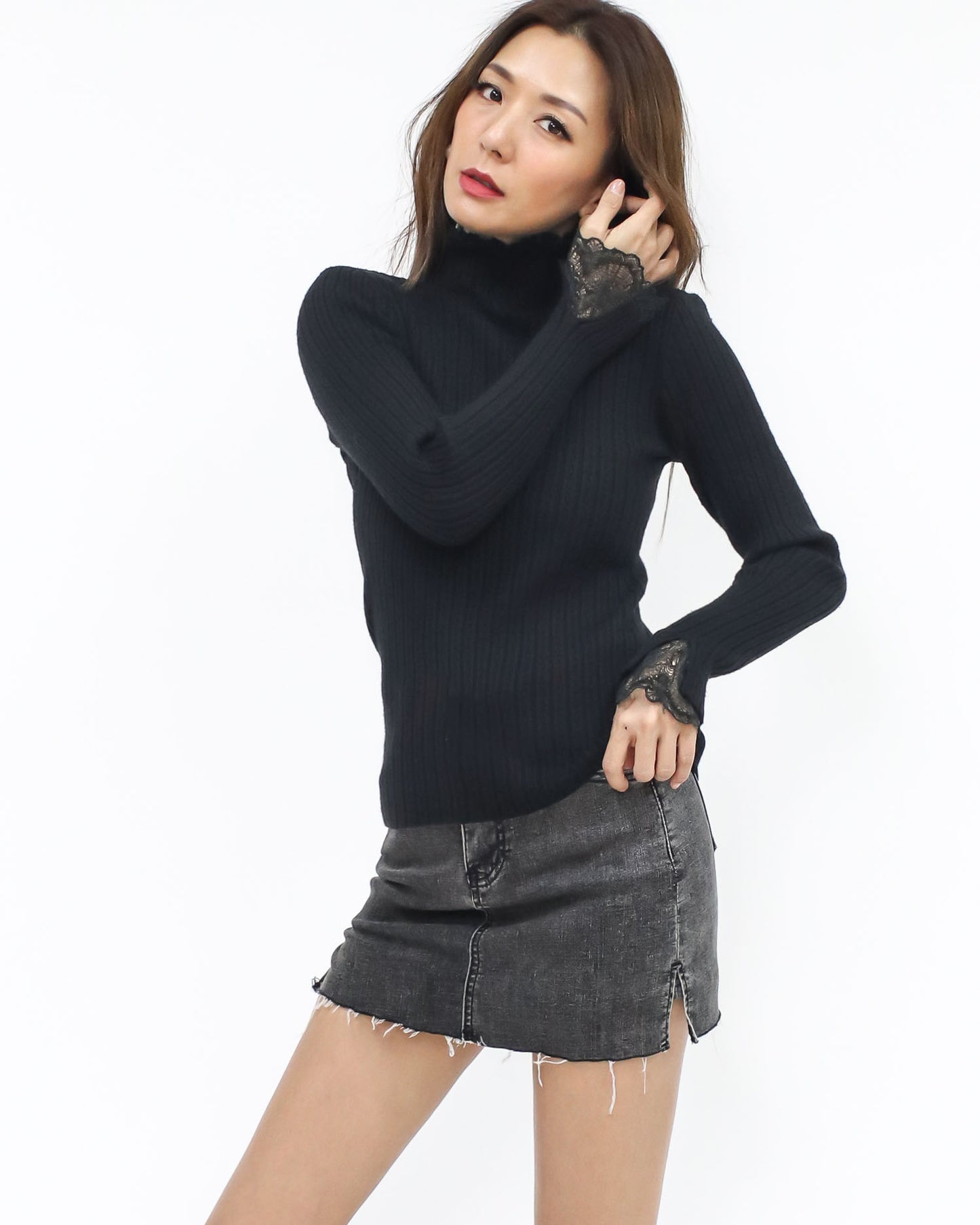 black lace cuff & high neck knitted top