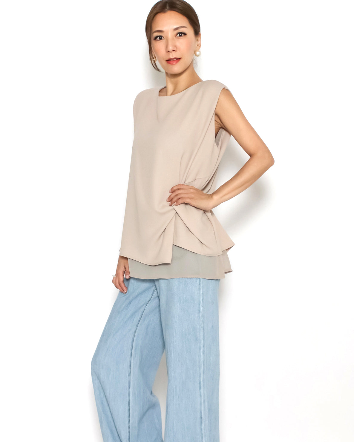 beige mesh layer chiffon vest