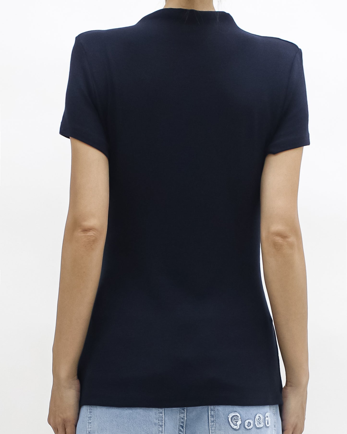 navy wrap front belt high neck knitted top