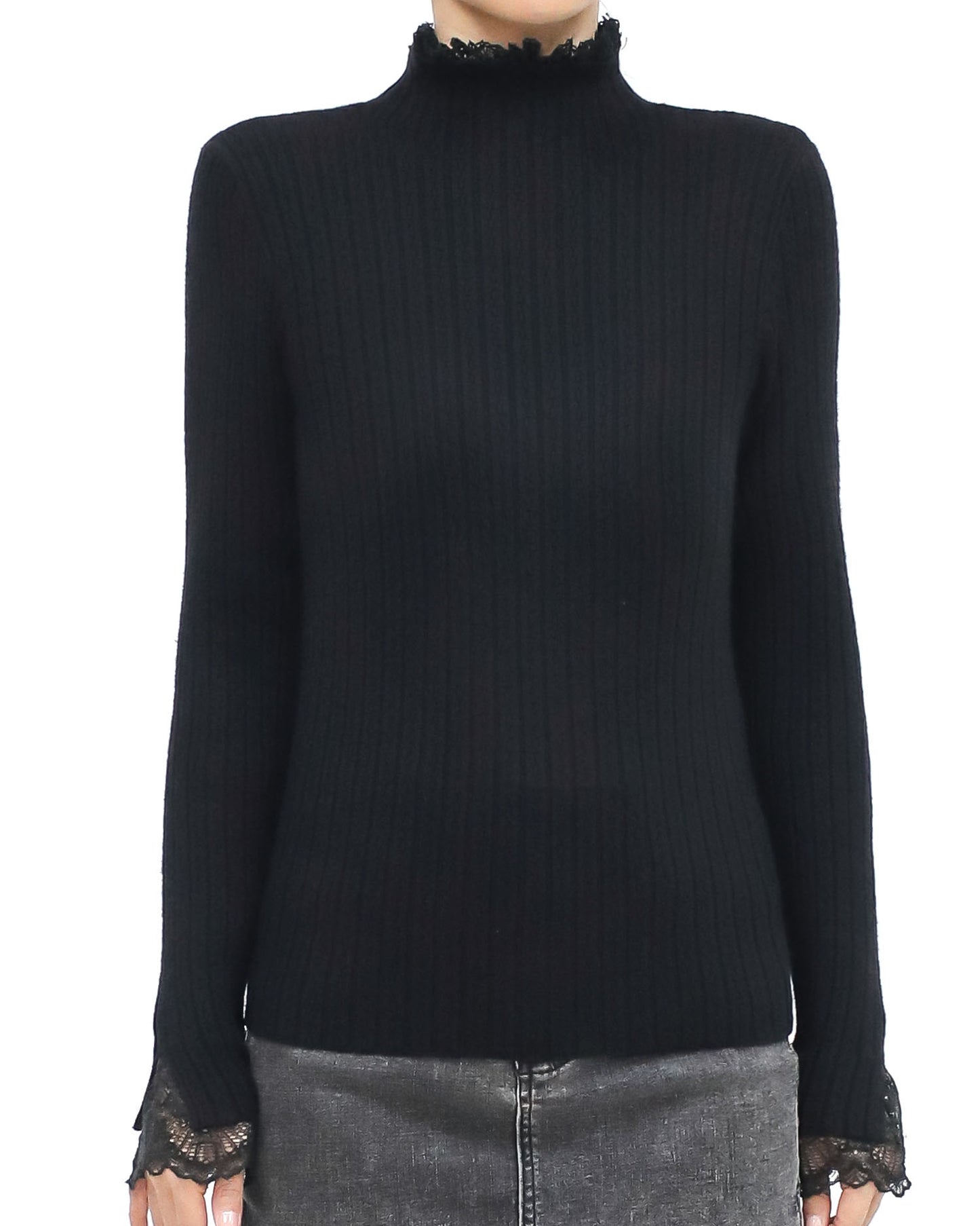 black lace cuff & high neck knitted top