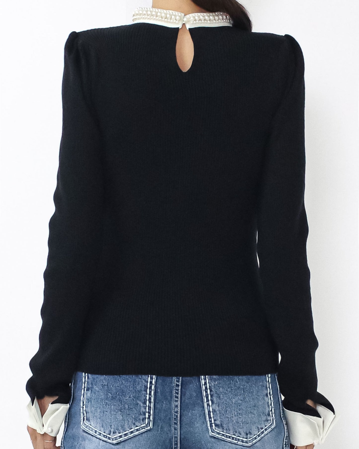 black w/ ivory pearls neckline & cuffs top *pre-order*