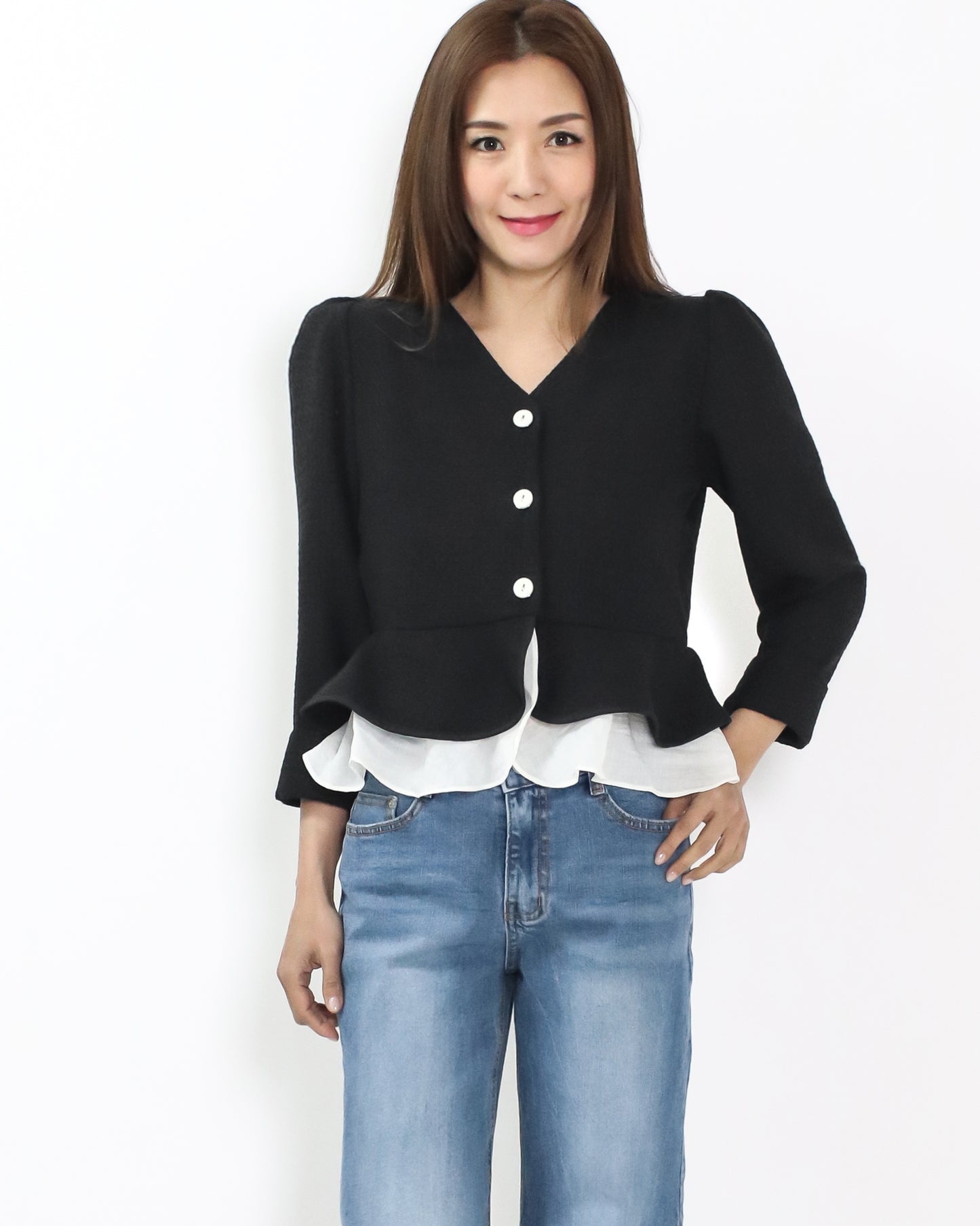 black soft tweed w/ ivory ruffles layer jacket *pre-order*