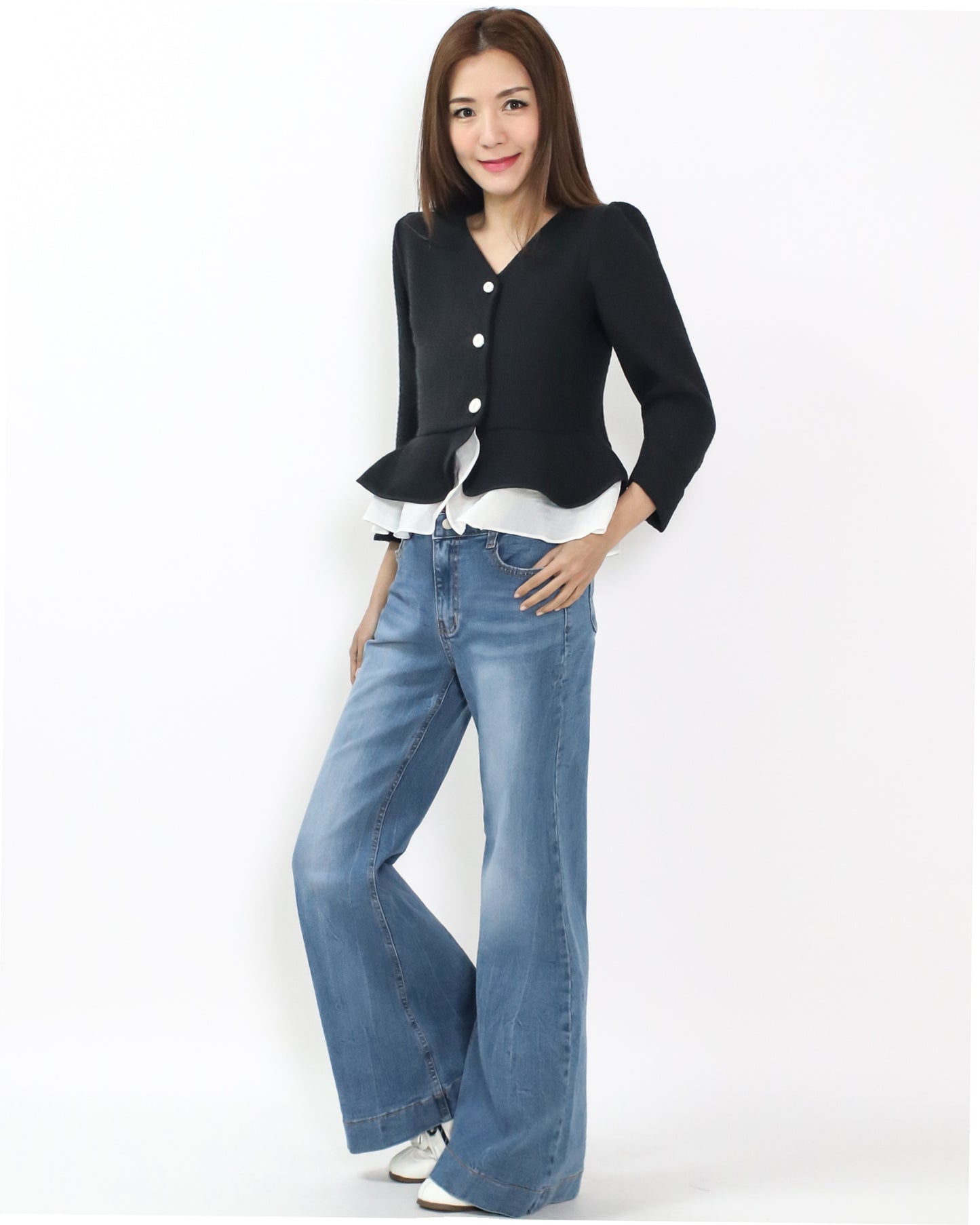 black soft tweed w/ ivory ruffles layer jacket *pre-order*