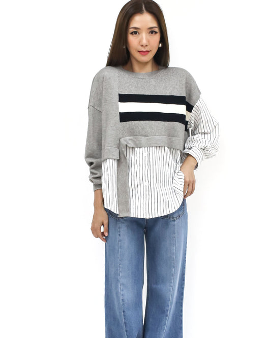 grey w/ black ivory stripes & stripes shirt contrast top *pre-order*