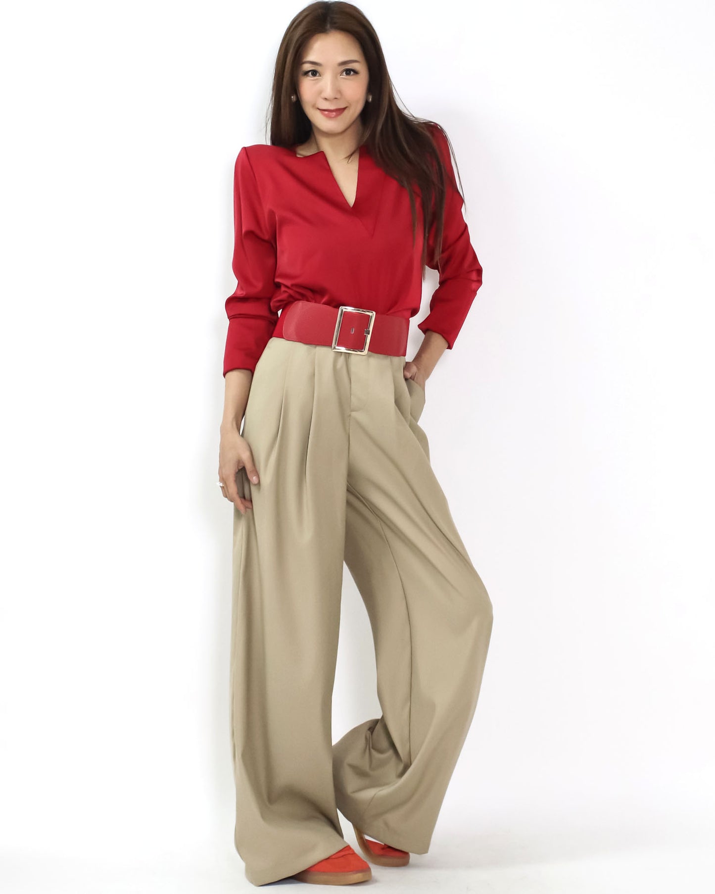 red soft leather stretch back gold buckle wide belt