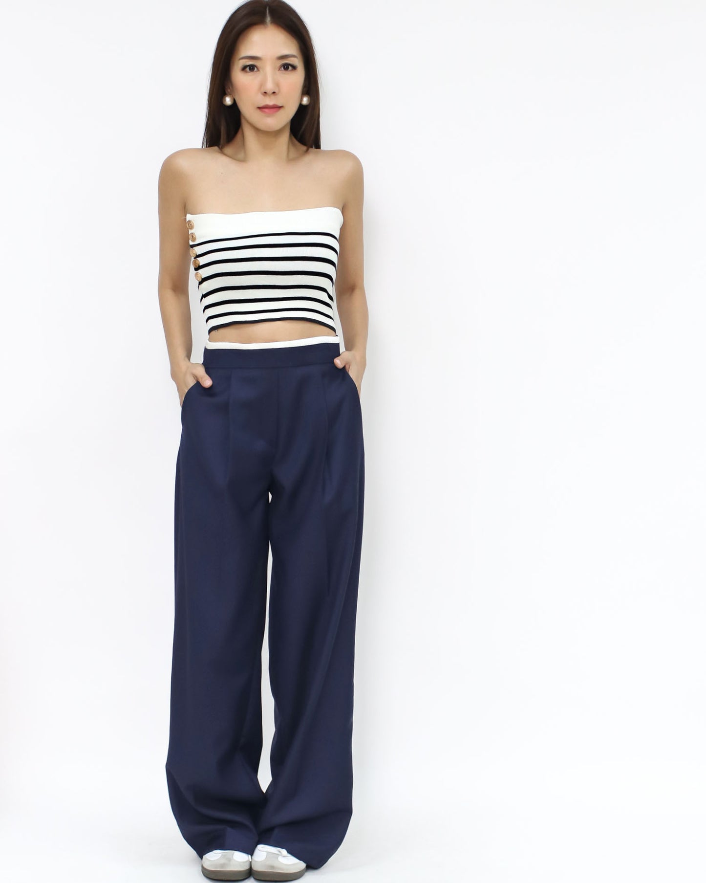 navy w/ ivory trim straight leg pants