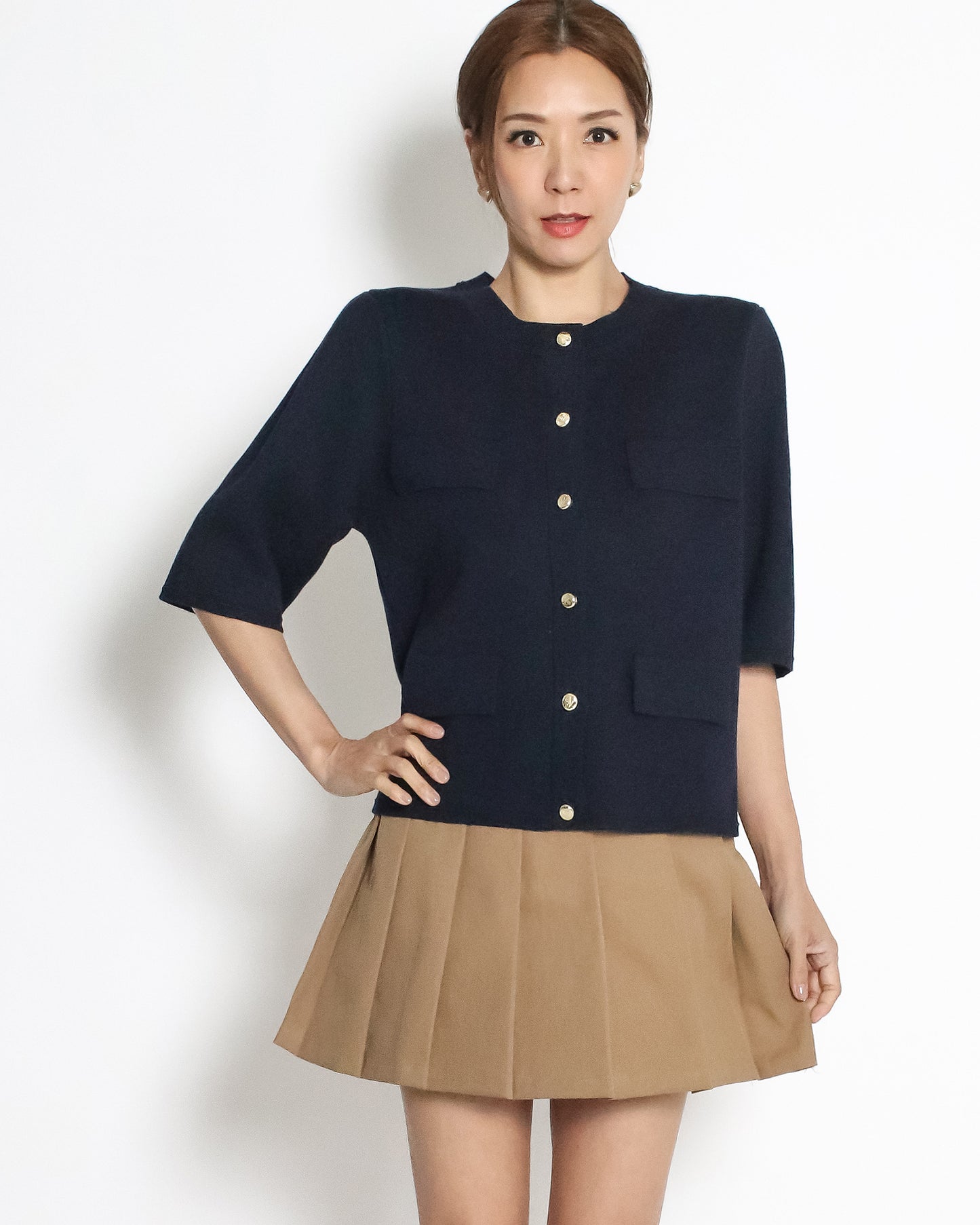 navy pockets front knitted top