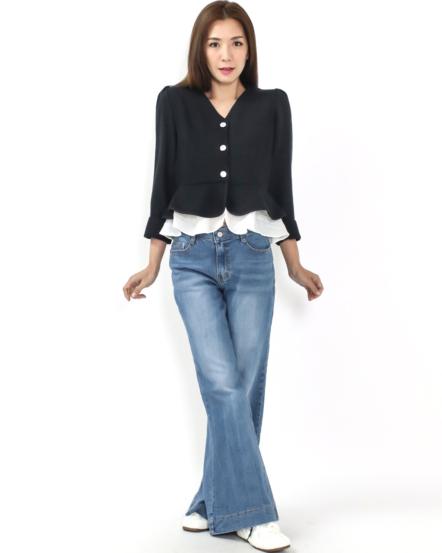 black soft tweed w/ ivory ruffles layer jacket *pre-order*