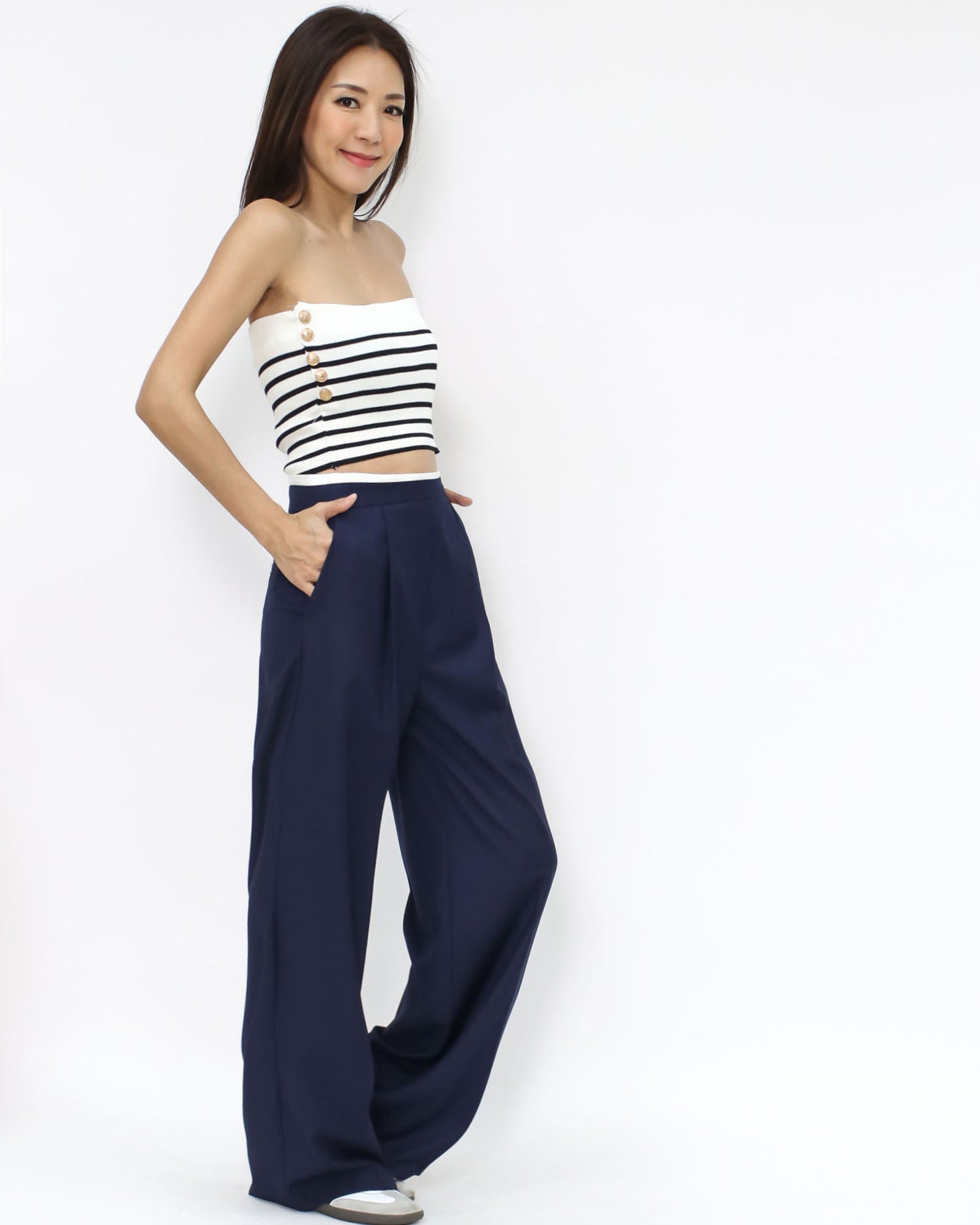 navy w/ ivory trim straight leg pants