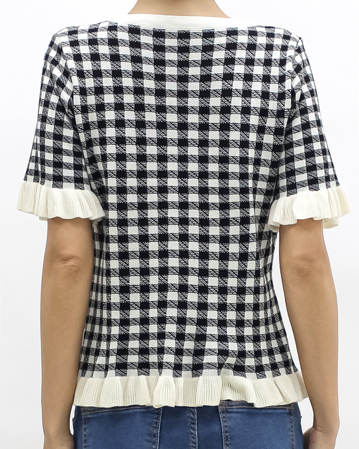 black & ivory checkers w/ ruffles hem knitted top *pre-order*