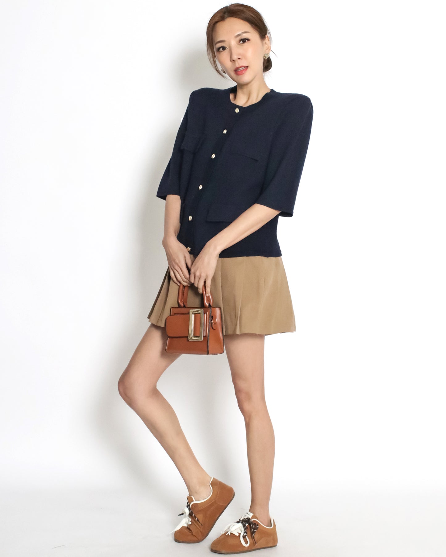 navy pockets front knitted top