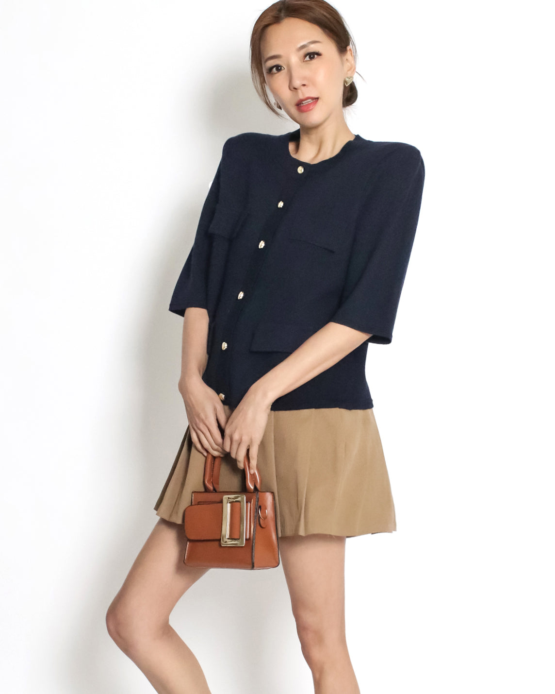 navy pockets front knitted top