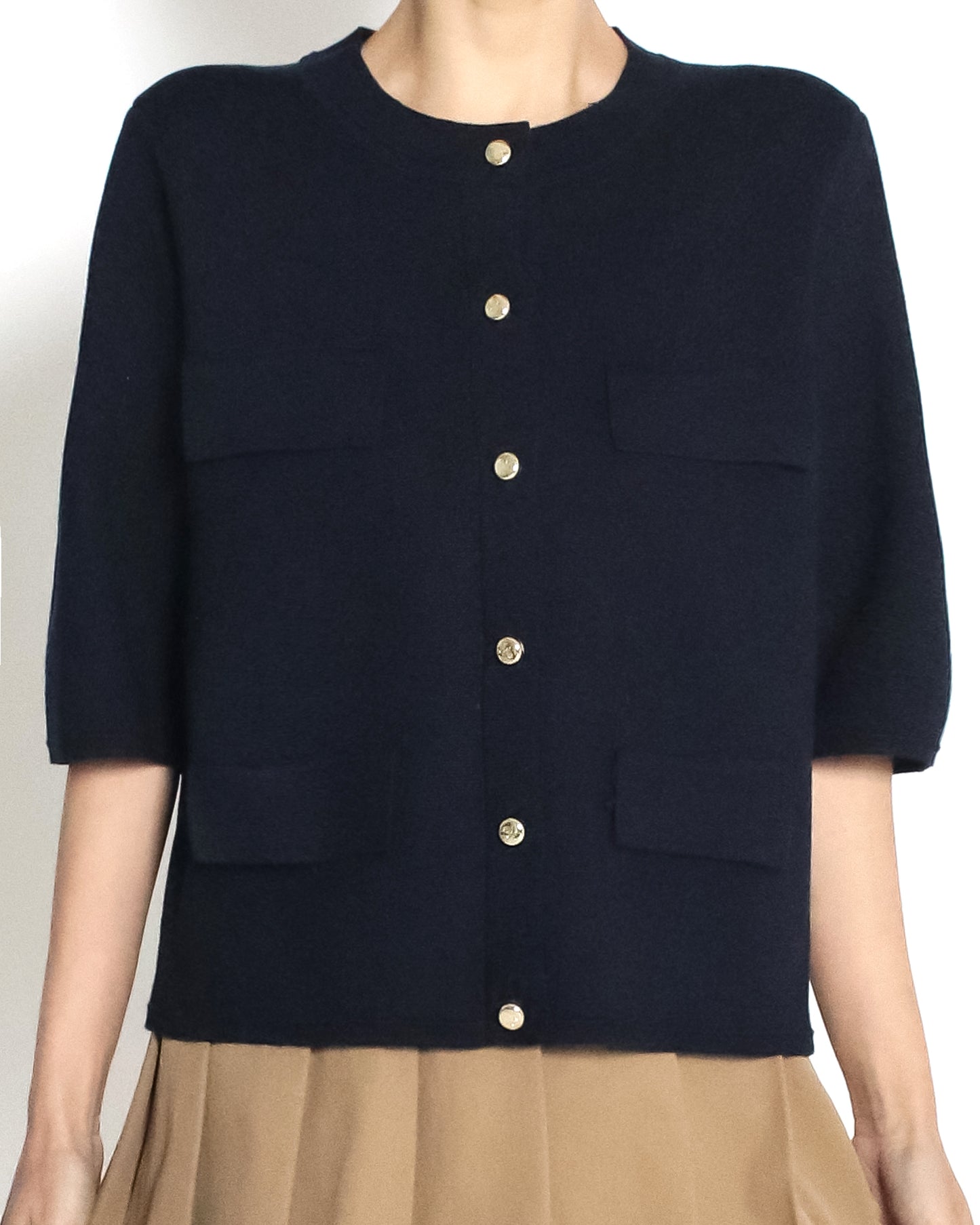 navy pockets front knitted top