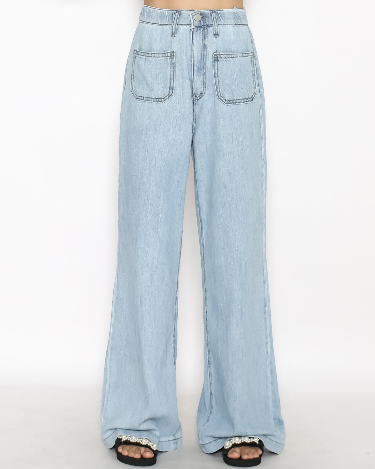 light blue denim pockets front straight leg jeans