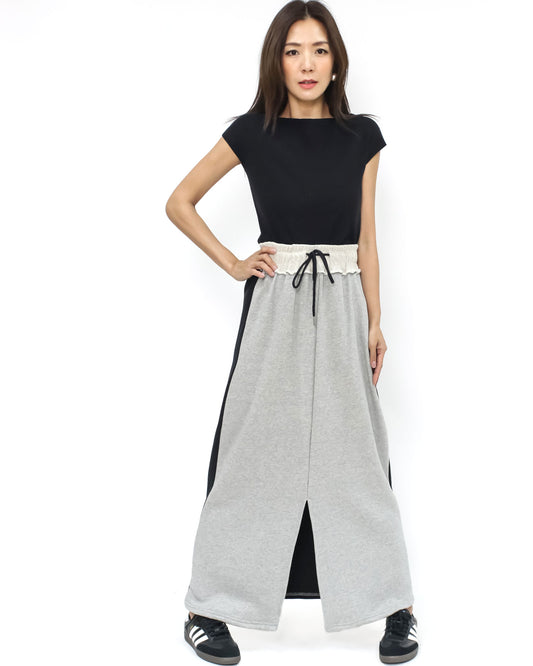 grey & black sweat contrast longline skirt
