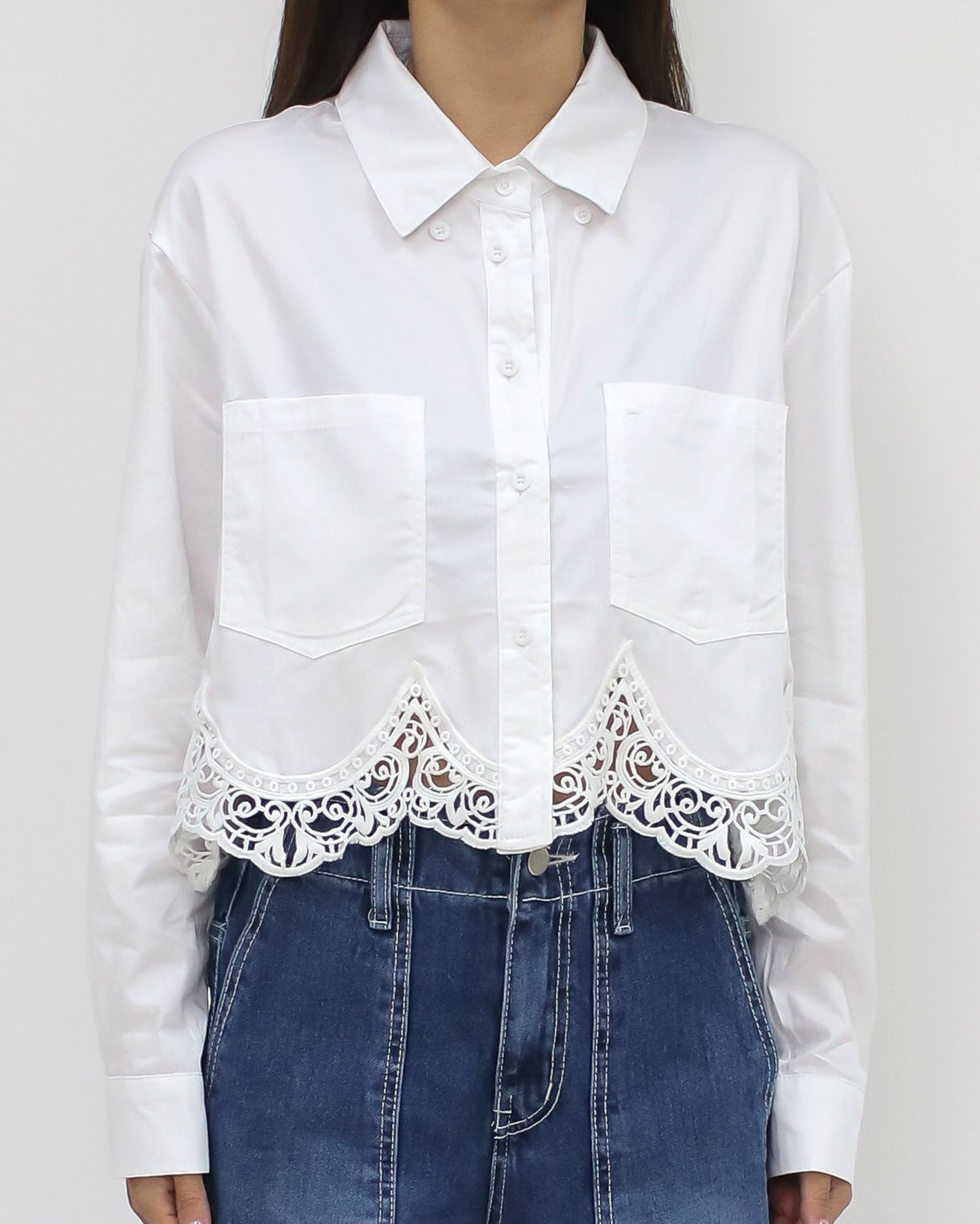 ivory crochet hem cropped shirt *pre-order*