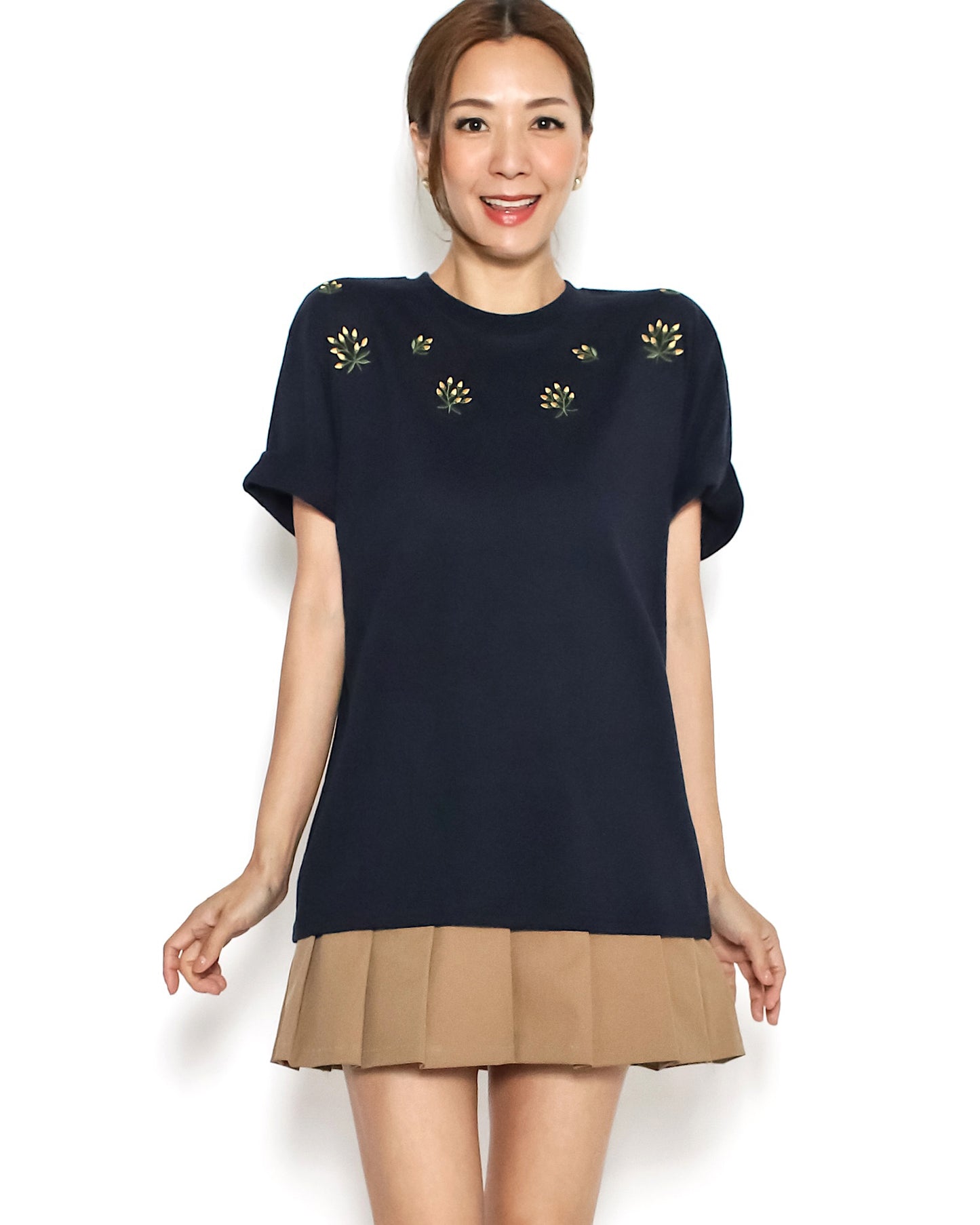 navy w/ yellow embroidered flower tee