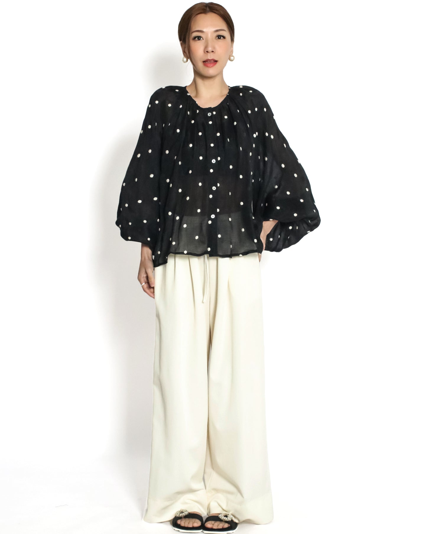 black w/ ivory polka dots linen top *pre-order*