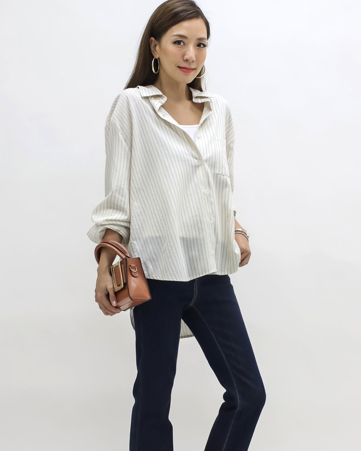ivory w/ beige stripes label back shirt