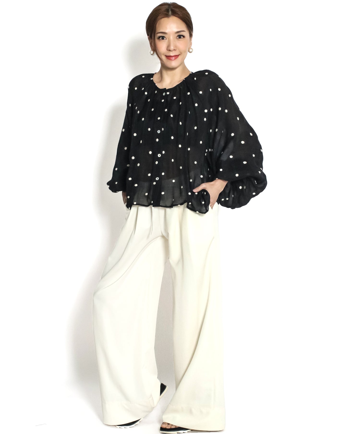 black w/ ivory polka dots linen top *pre-order*