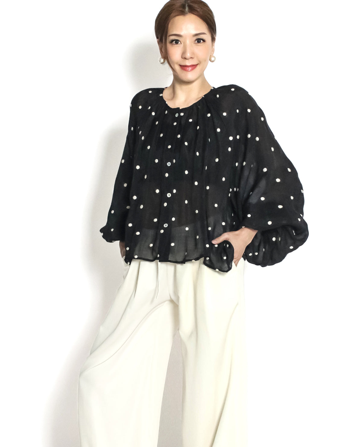 black w/ ivory polka dots linen top *pre-order*