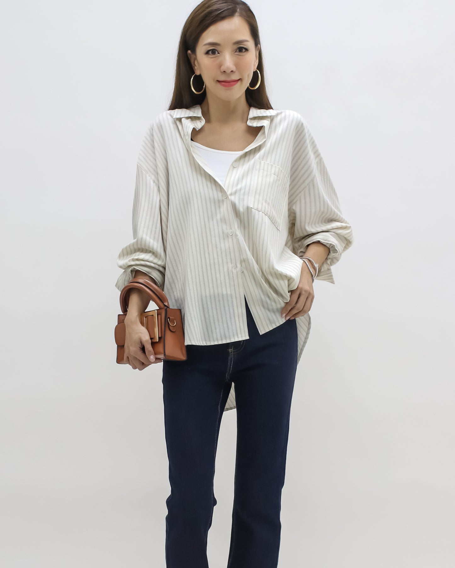 ivory w/ beige stripes label back shirt