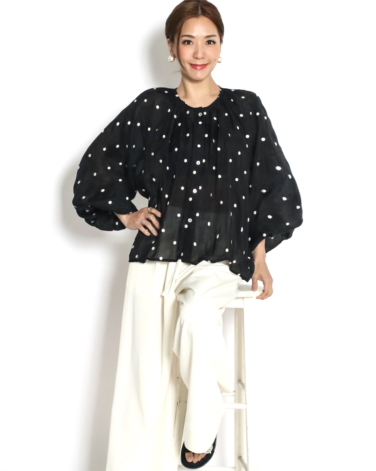 black w/ ivory polka dots linen top *pre-order*
