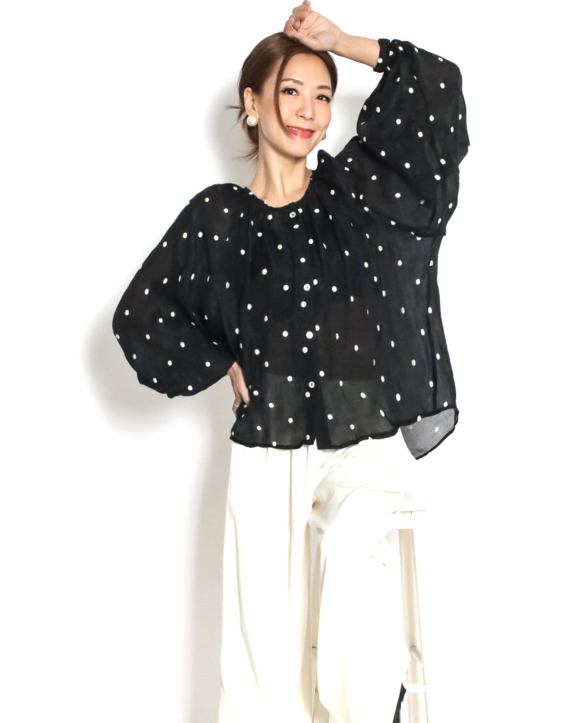 black w/ ivory polka dots linen top *pre-order*