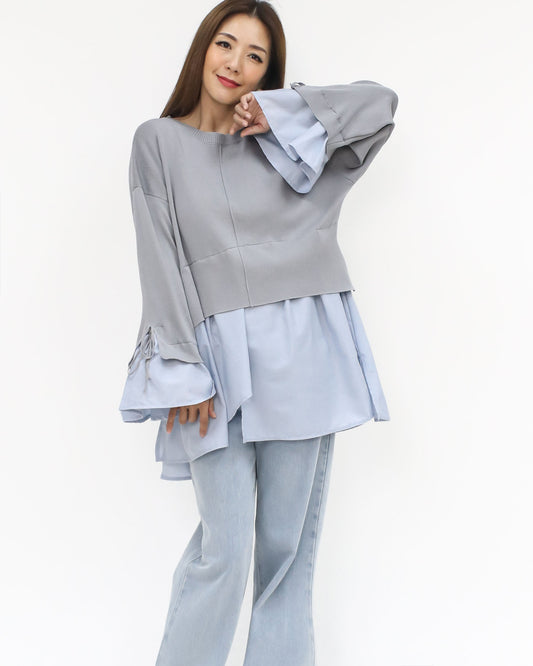 grey knitted & blue shirt contrast top